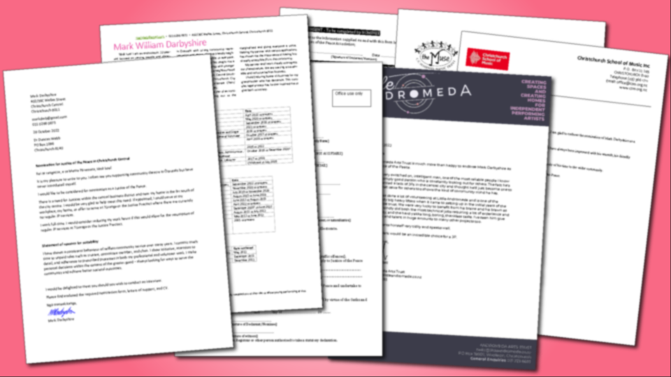 Six overlapping pages laid out over a pink background.