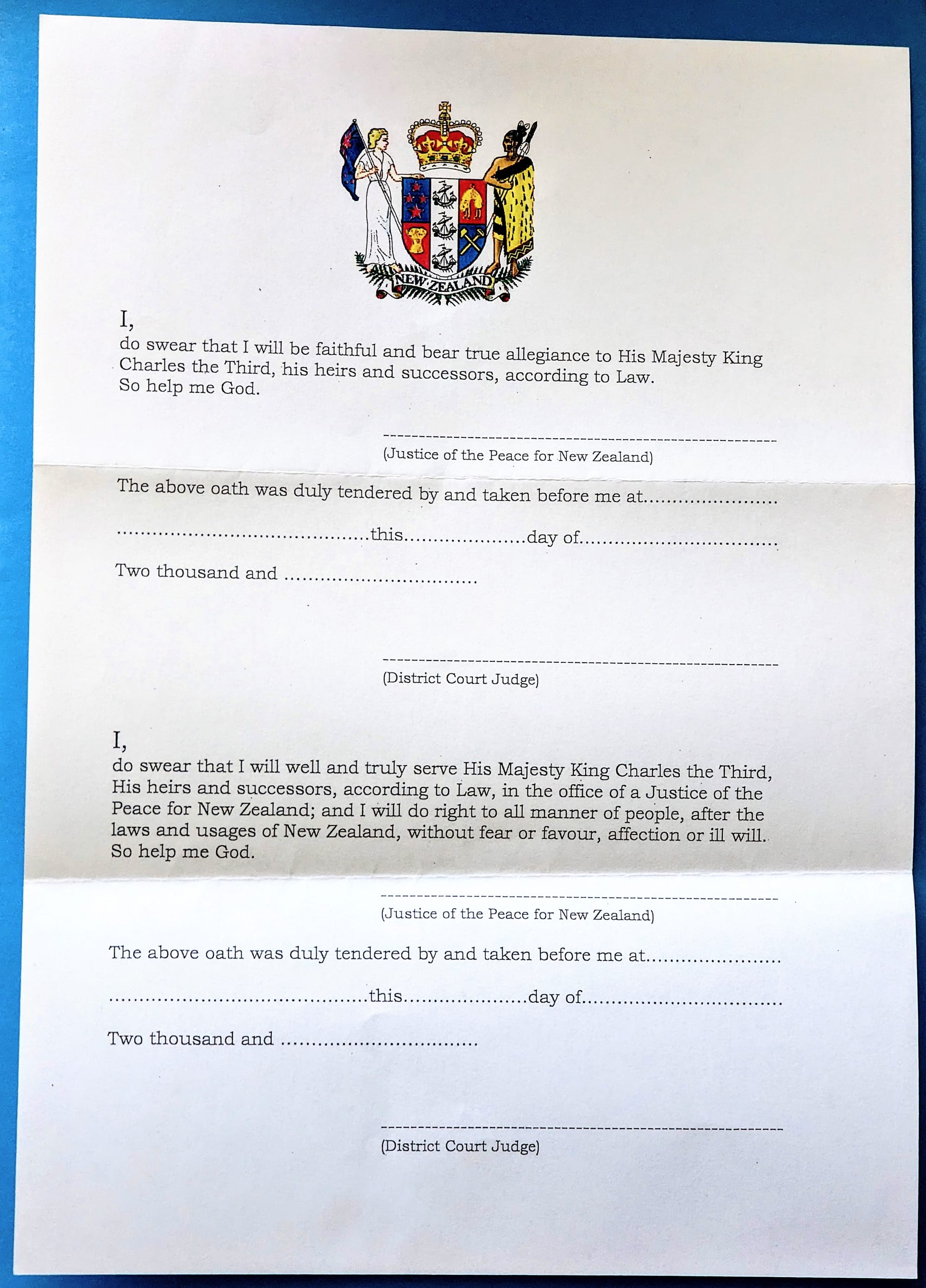 Printout of the Oath of Allegiance and Judicial Oath in English, with spaces for a Justice of the Peace and District Court Judge to sign and date each oath.